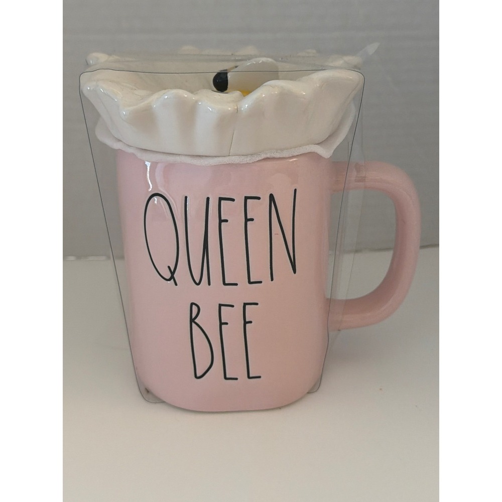 Rae Dunn‎ Queen Bee Pink Ceramic Mug with Daisy Flower and Bee Topper Lid